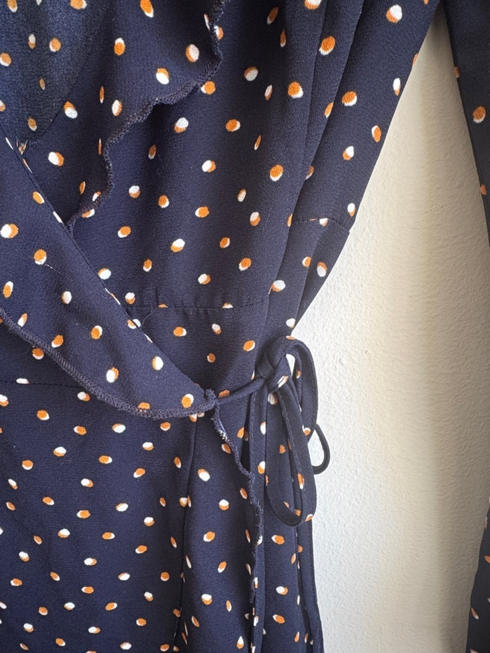 Forever 21 Navy Wrap Dress with Peach Polka Dots - Picture 2 of 5